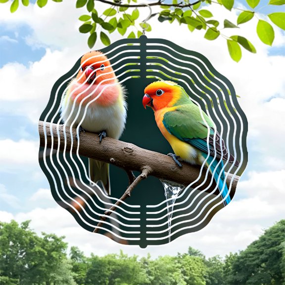 Vibrant Metal Hanging Wind Spinners & Chimes for Yard & Garden - Circular Sound Wave Design with Colorful Parrots Perfect for Outdoor Decor