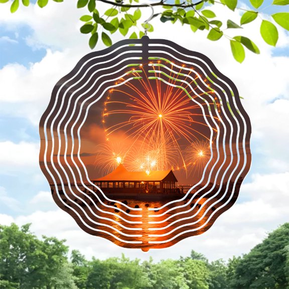 Vibrant Metal Hanging Wind Spinners & Chimes for Yard & Garden - Festive Pavilion Design with Sunset & Fireworks Patterns