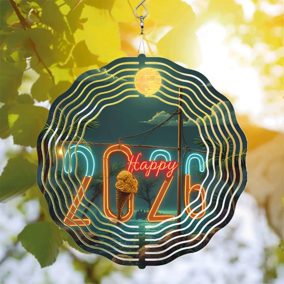 Vibrant Metal Hanging Wind Spinners & Chimes for Yard & Garden - Tropical Design with Neon Waves & Cheerful Patterns
