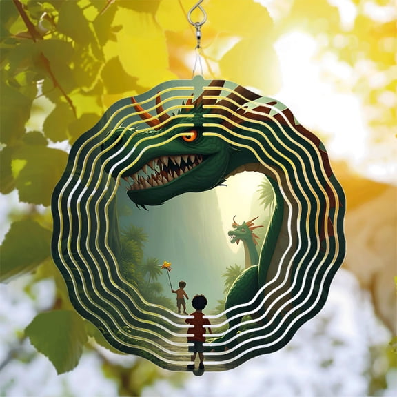 Vibrant Metal Hanging Wind Spinners & Chimes for Yard & Garden - Whimsical Dragon Design with Jungle Patterns