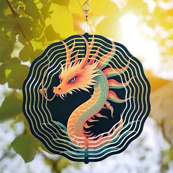 Vibrant Metal Hanging Wind Spinners & Chimes for Yard - Serpentine Dragon Design with Colorful Patterns & Flowing