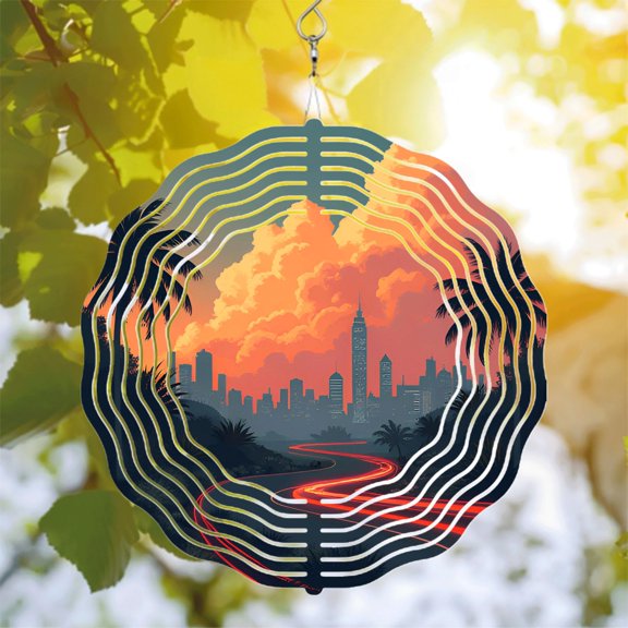 Vibrant Metal Hanging Wind Spinners - Circular Sound Wave Design for Yard & Garden Perfect for Sunset Views & Outdoor Decor