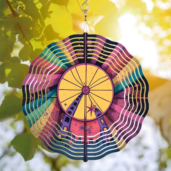 Vibrant Metal Hanging Wind Spinners - Colorful Circular Design with Sun Arched Towers & Star - Perfect for Yard & Garden Decor