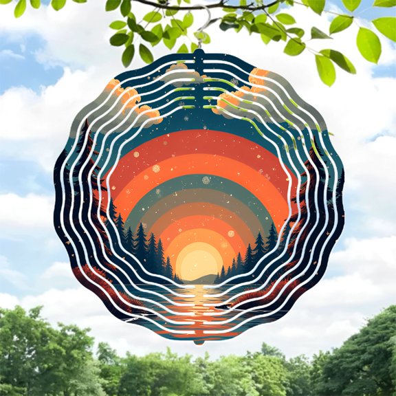 Vibrant Metal Hanging Wind Spinners - Concentric Circular Design with Rippling Waves Sun Stars & Serene Landscape for Yard & Garden