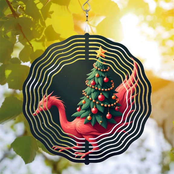 Vibrant Metal Hanging Wind Spinners - Dragon & Christmas Tree Design Colorful Yard & Garden Wind Chimes for Festive Decor