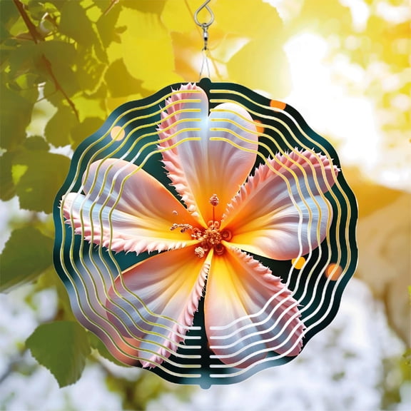 Vibrant Metal Hanging Wind Spinners - Symmetrical Flower Design with Gradient Petals & Concentric Lines for Dynamic Garden Decor