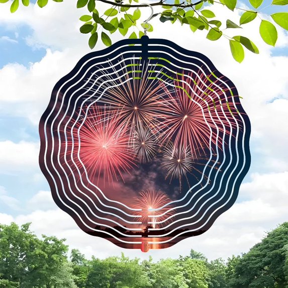 Vibrant Metal Hanging Wind Spinners - Traditional Chinese Fan Design with Fireworks Pattern for Yard & Garden Decor