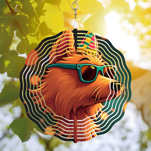 Vibrant Metal Hanging Wind Spinners with Cheerful Fox Design Concentric Circular Patterns in Black White & Green for Yard & Garden Decor