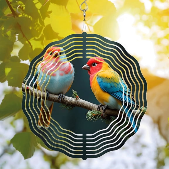 Vibrant Metal Hanging Wind Spinners with Circular White Pattern - Colorful Birds Design for Yard and Garden Decor