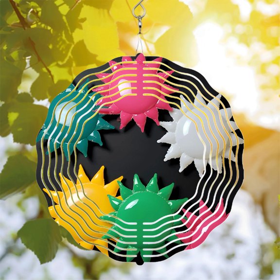 Vibrant Metal Hanging Wind Spinners with Colorful Sun Shapes & Wavy Sound Wave Design - Perfect for Yard & Garden Decor