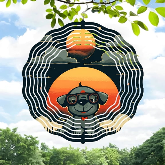 Vibrant Metal Hanging Wind Spinners with Concentric Lines & Dog Design - Perfect for Yard & Garden Decor Sunset & Moon Background