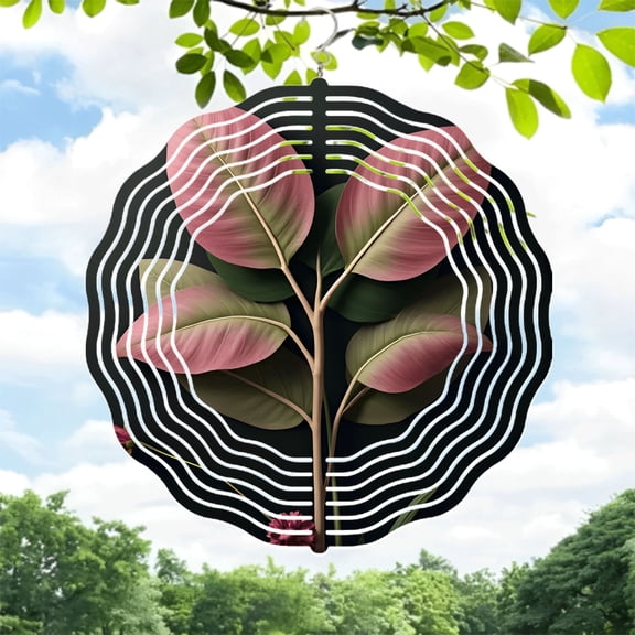 Vibrant Metal Hanging Wind Spinners with Intricate Pink Leaf Design & Concentric White Lines - Perfect for Yard & Garden Decor