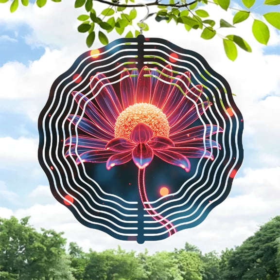 Vibrant Metal Hanging Wind Spinners with Neon Pink Petals & Concentric White Ripple Design - Ethereal Garden Decor