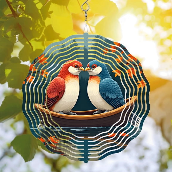 Vibrant Metal Hanging Wind Spinners with Red & Blue Bird Design Serene Water Background Perfect for Yard & Garden Decor