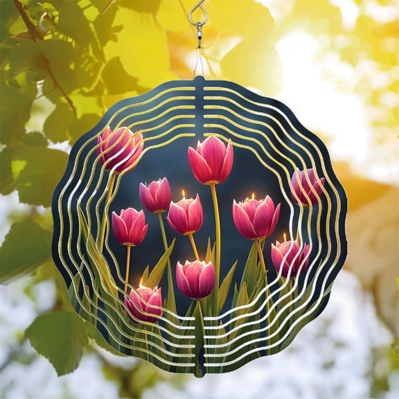 Vibrant Metal Hanging Wind Spinners with Wave - Like Pattern Featuring Colorful Tulips Perfect for Yard and Garden Decor