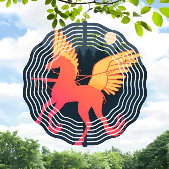 Vibrant Metal Wind Spinner with Winged Horse Design - Mystical Garden Decor with Golden Wings & Night Sky Theme