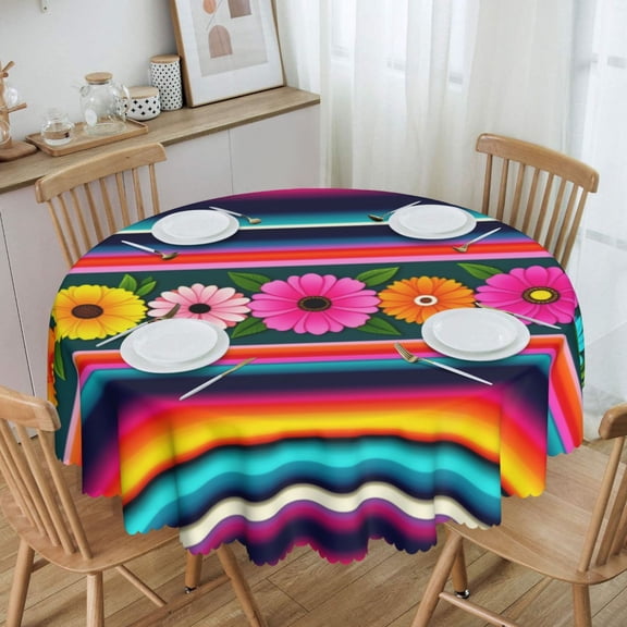 Vibrant Mexican Sarape Stripe With Colorful Flowers Round Tablecloth Waterproof Oil Proof Spill Proof Table Cloth 70" for Camping, Dining, Indoor and Outdoor Table Cover