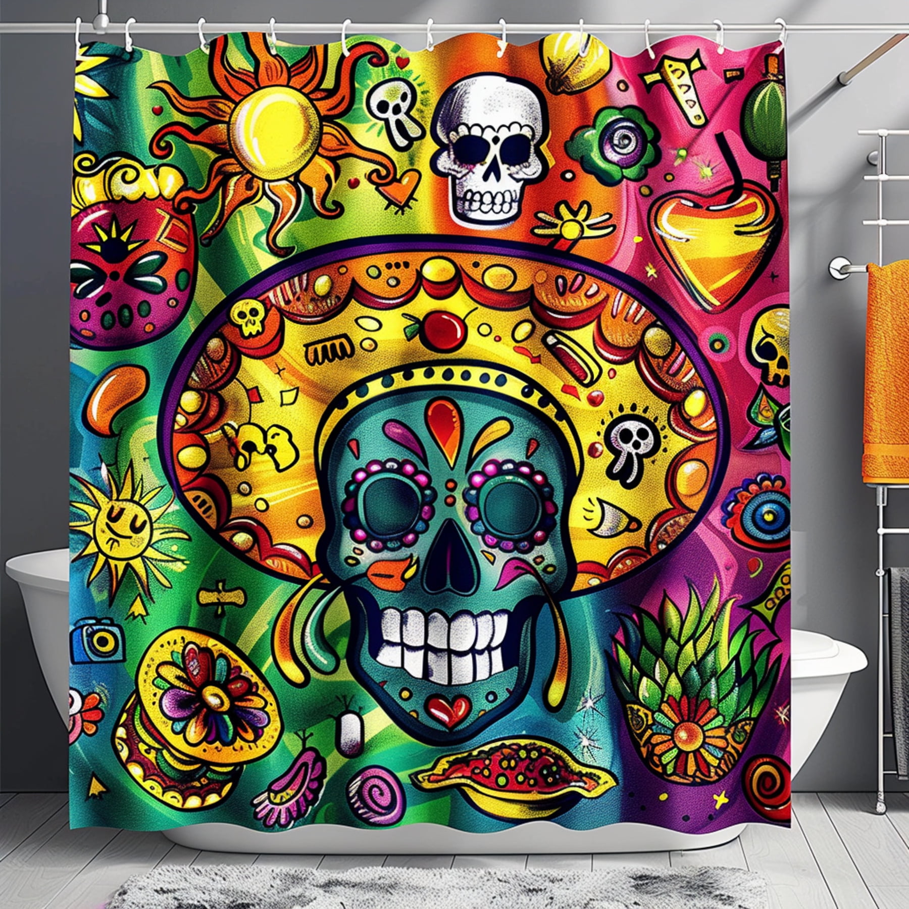 Vibrant Mexican Shower Curtain Tequila Tacos and Graffiti Art in 8K