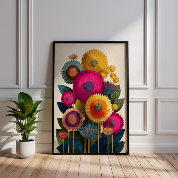 Vibrant Mid Century Modern Botanical Colourful Groovy Sunflower Retro Floral Bouquet Maximalist Living Poster Unframed Paper Print