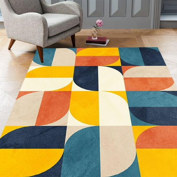 Vibrant Mid Century Modern Minimalist Area Rug Orange Navy Yellow Boho Chic Washable Carpet for Livingroom Bedroom Diningroom Home Office Floor Carpet 3' x 4'