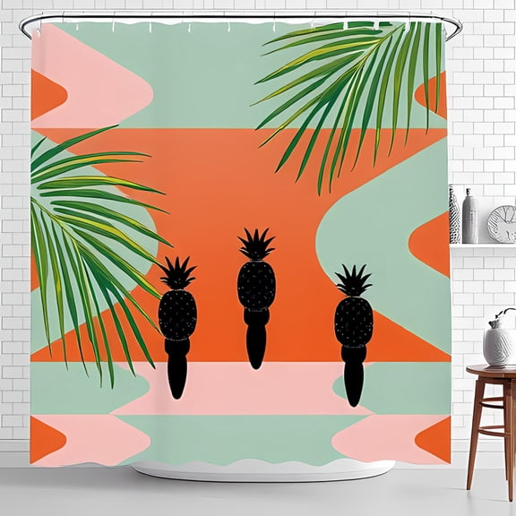 Vibrant MidModern Shower Curtain with Coral & Green Pineapple Design - Tropical Decor