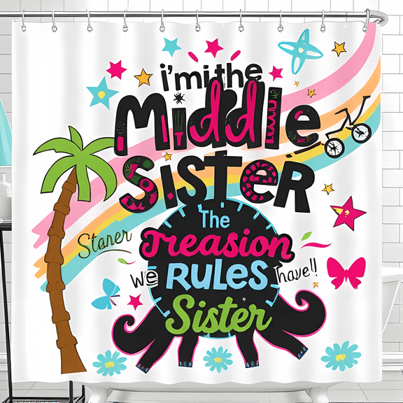 Vibrant Middle Sister Shower Curtain - Fun Design with Whimsical Illustrations & Quote