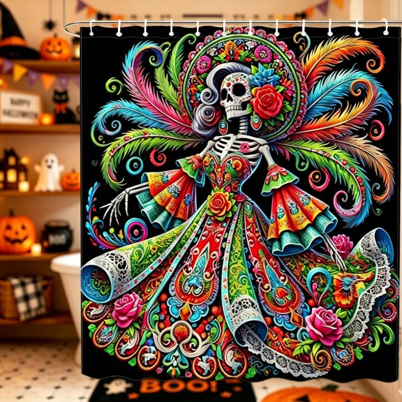 Vibrant Mixed Flower Sugar Skull Print Shower Curtain,70.8x70.8 inch,Polyester,Rental Apartment Hotel B&B Bathroom Decor