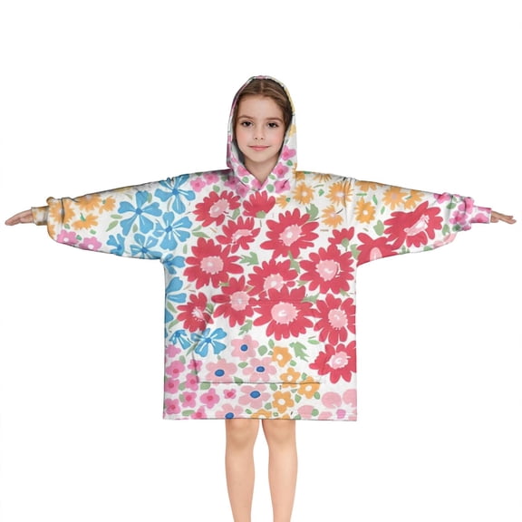 Vibrant Mixed Pioneer Flower Pattern Blanket Hoodies for Kids 6-13YR Oversize Wearable Blanket Hoodies for Boys Girls Teens