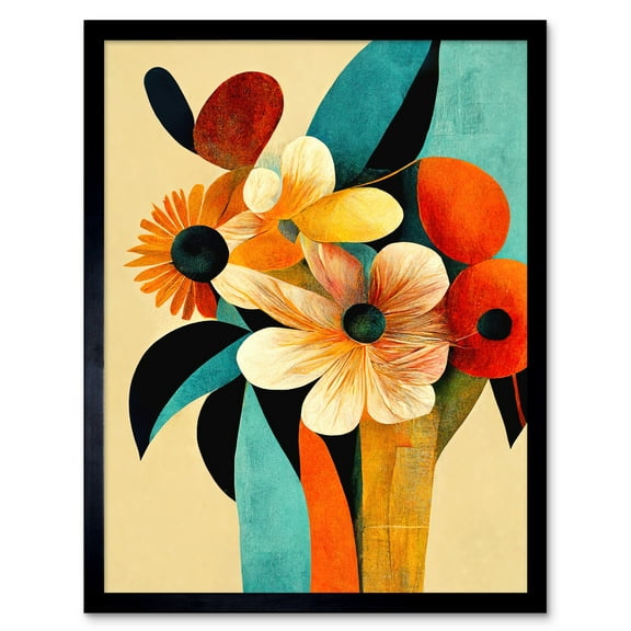 Vibrant Modern Abstract Oil Painting Summer Flower Bouquet Teal Orange Art Print Framed Poster Wall Decor 12x16 inch