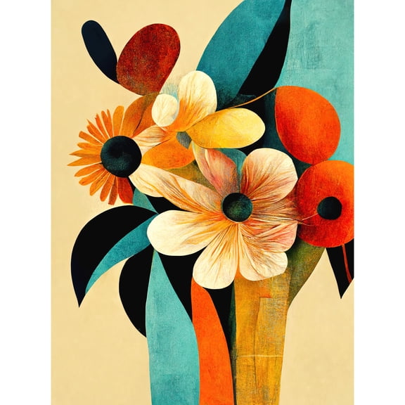 Vibrant Modern Abstract Oil Painting Summer Flower Bouquet Teal Orange Unframed Wall Art Print Poster Home Decor