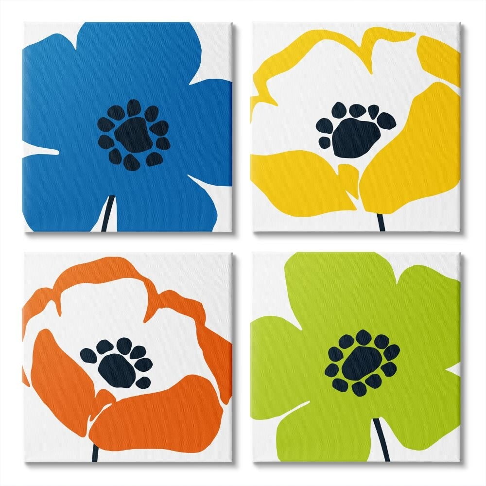 Vibrant Modern Floral Collage Multi-color Pop Botanical & Floral Gallery-Wrapped Canvas Print Wall Art, Set of 4, 17x17