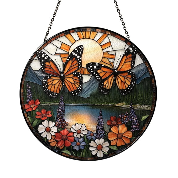 Vibrant Monarch Butterflies Stained Glass Window Hanging, Lake and Wildflowers Home Decor, Gift Idea for Mom or Nature Lovers