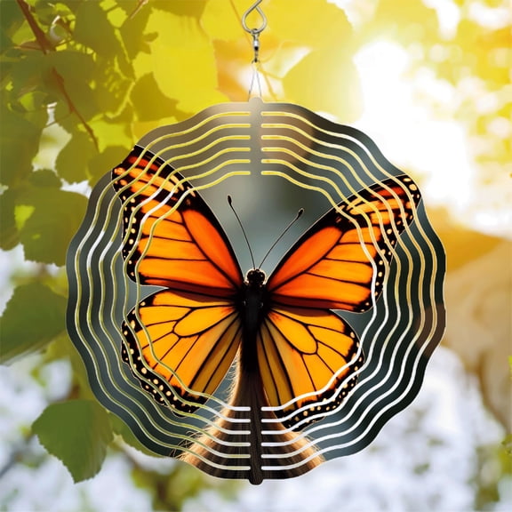 Vibrant Monarch Butterfly Metal Wind Spinner with Concentric White Lines - Stunning Garden Decor for Yard and Outdoor Spaces