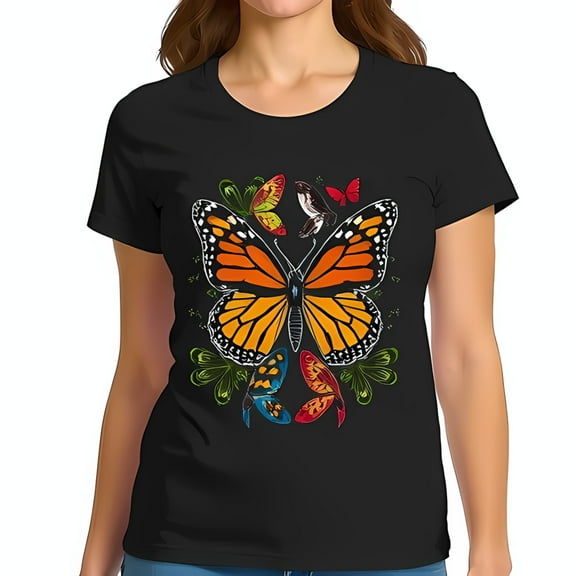 Vibrant Monarch Butterfly Print Cotton Short Sleeve T-Shirt with Colorful & Foliage Design