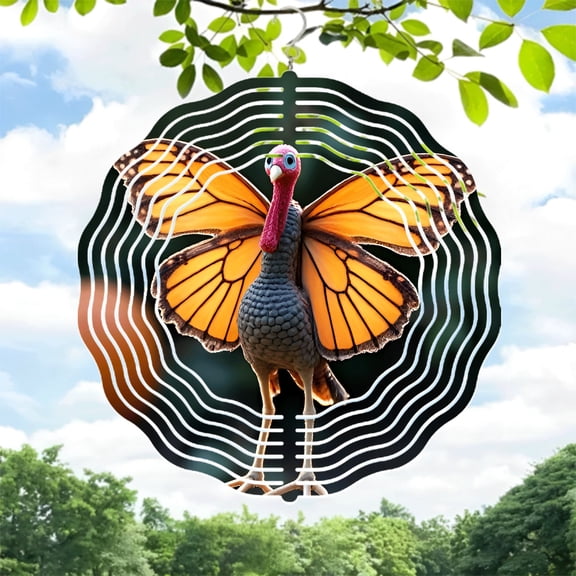 Vibrant Monarch Butterfly Turkey Metal Wind Spinner & Chime - Stunning Garden Decor with Detailed Feathers & Concentric Background