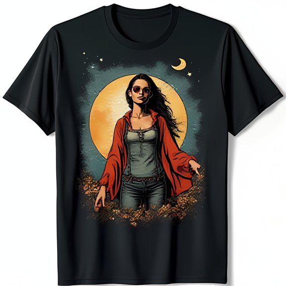 Vibrant Moonlit Woman Graphic on Black T-Shirt Striking Design for Unique Style