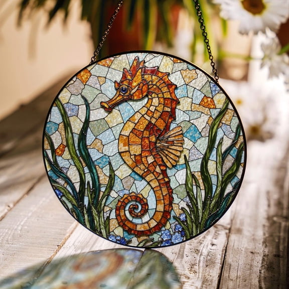 Vibrant Mosaic Seahorse Glass Suncatcher, Ocean Coastal Window Art, Mother's Day, 3.5 in