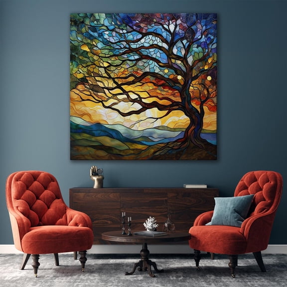 Vibrant Mosaic Tree Wall Art Decor Effect Stained Print Tree of Life Spiritual Wall Art Meditation Room Decoration Poster Decor