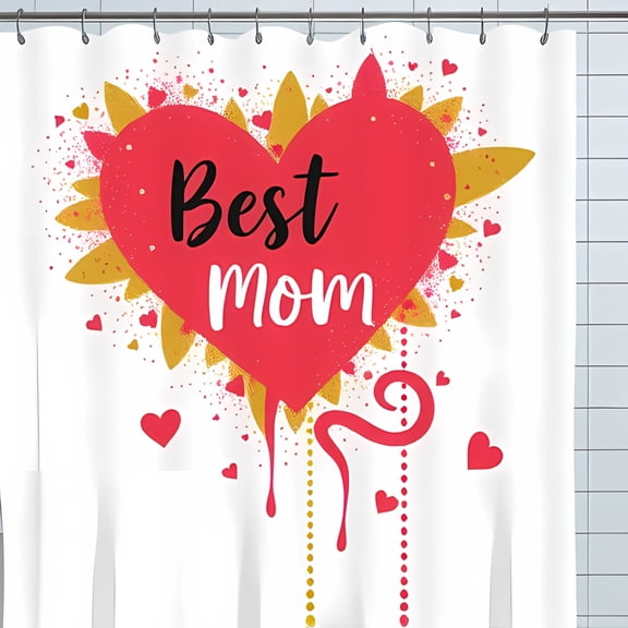 Vibrant Mother's Day Shower Curtain with Red Heart 'Best Mom' in Elegant Black Golden Festive White Background with Hearts & Dots