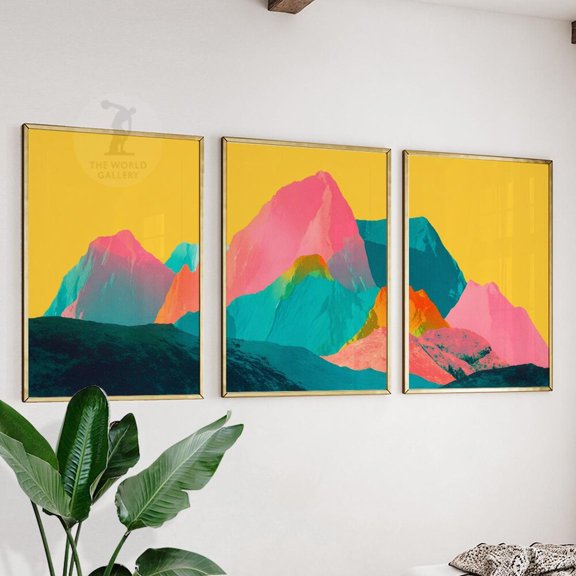 Vibrant Mountain Abstract Geometric Colorful Living Room Art Set 2 Stretched Canvas 12x18