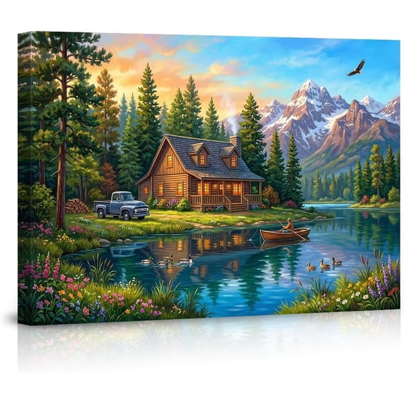 Vibrant Mountain Lake Cabin Canvas Wall Art Pictures Rustic Forest Landscape Painting Fisherman Boat Wildlife Ducks Eagle Home Decor for Living Room Bedroom