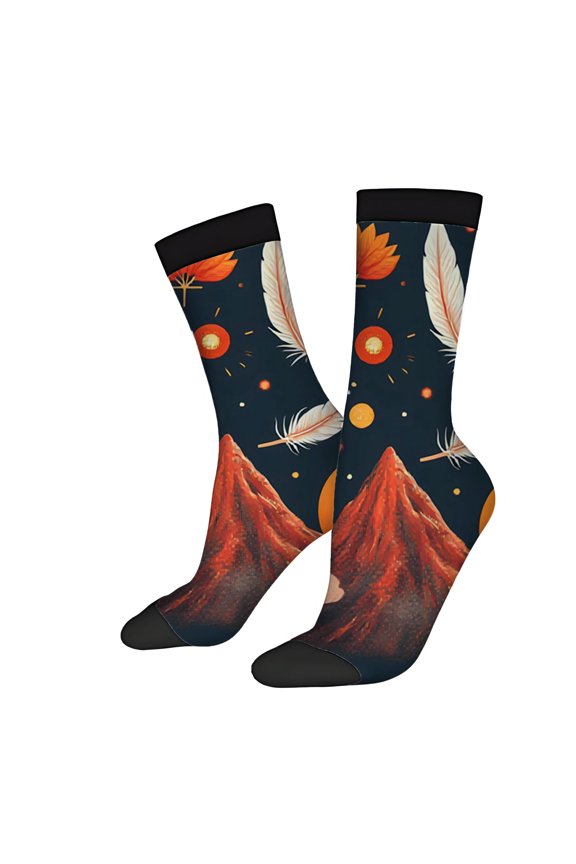 Vibrant Mountain Landscape Socks - 2 Pairs of Unisex Trendy Socks with Red Tones Celestial Elements & Bold Design for All Seasons