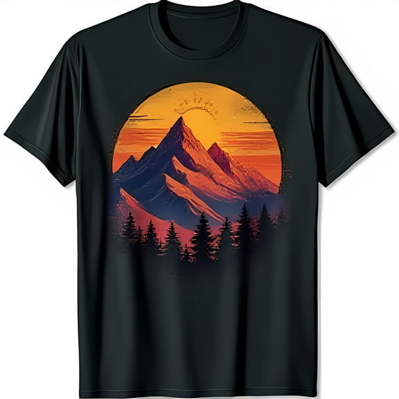 Vibrant Mountain Range Graphic on Black T-Shirt Sunset Design