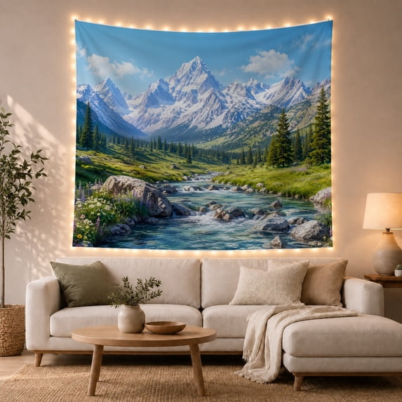 Vibrant Mountain Valley with Snow Peaks and Stream, Serene Boho for Nature Lovers, Peaceful Wilderness Wall Art, Housewarming Gift, Tapestry Wall Hanging for Living Room and Bedroom