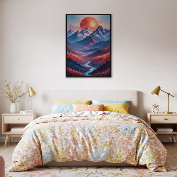 Vibrant Mountain Wall Art Sunset Landscape With River View Colorful Nature Hikers Scenic Home Decor Design1 Unframed Paper Print