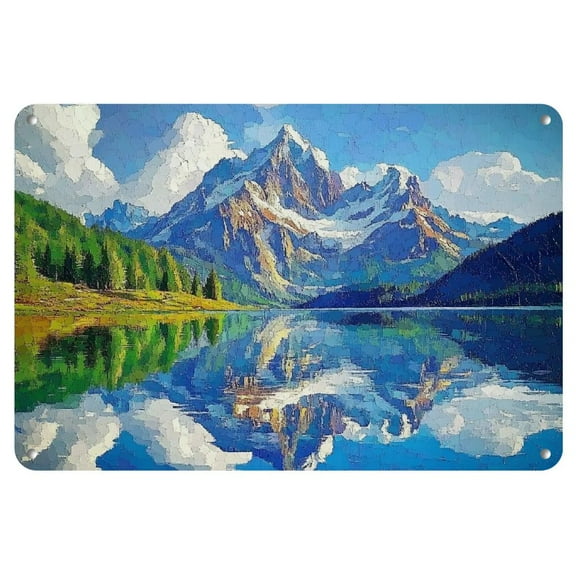 Vibrant Mountain &amp; Lake Reflection Iron Wall Art - 12x8 Inch, Rustic Metal Tin Sign for Home Decor | Ideal for Living Room, Bedroom, Garden, Dining, Bar, Cafe &amp; Festival Celebrations