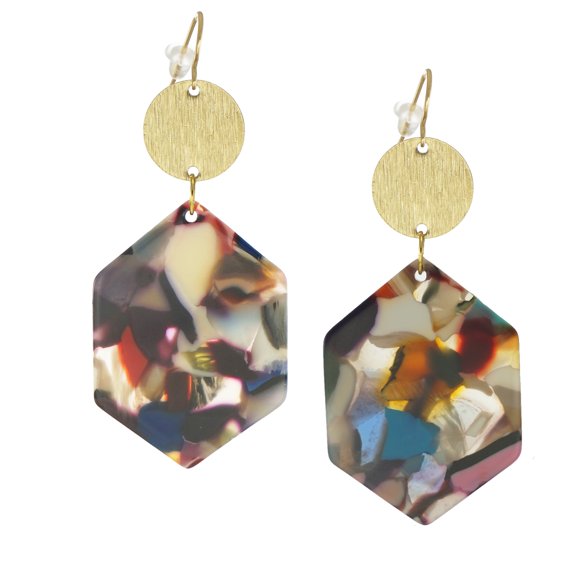 Vibrant Multi Color Hexagon Acrylic and Gold Statement Earrings, Hypoallergenic Ear Wires, With Gold Coin Bead