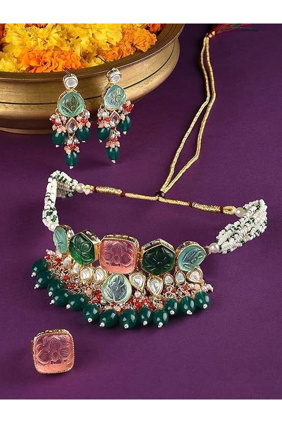 Vibrant Multicolor Kundan Choker Jewelry Set - Gold Plated & Beaded Necklace, Earrings & Ring
