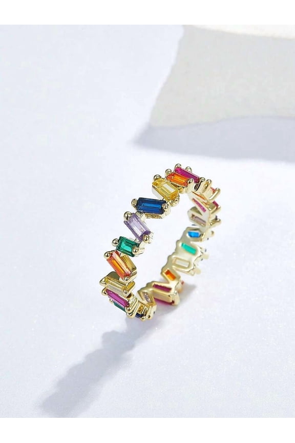 Vibrant Multicolor Rectangular Rhinestone Eternity Ring In Goldtone Setting - Color 8