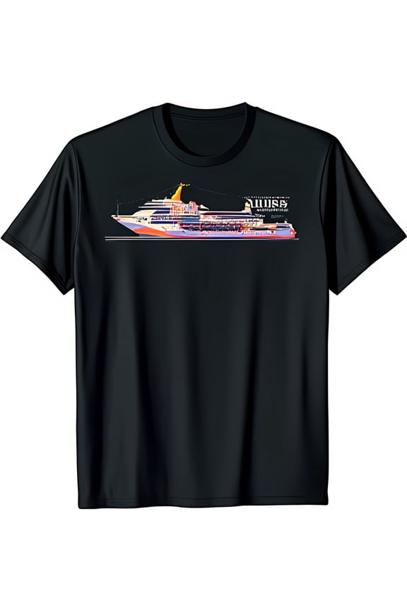 Vibrant Multicolored Ship Graphic Black T-Shirt with ILLUSIVE Design